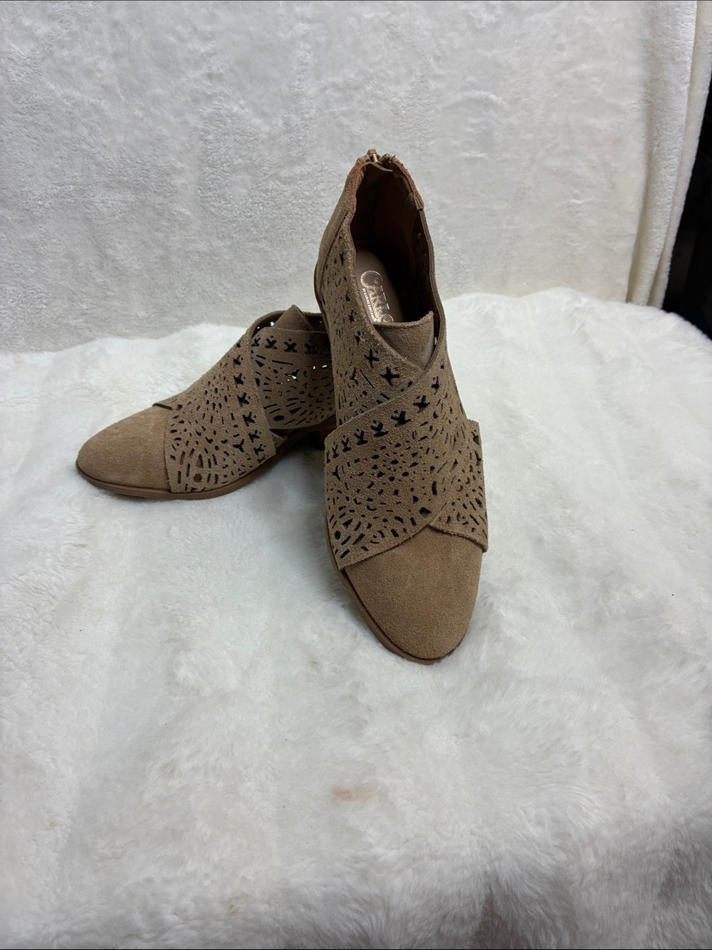 Carlos Santana Tan Laser-Cut Suede Ankle Booties